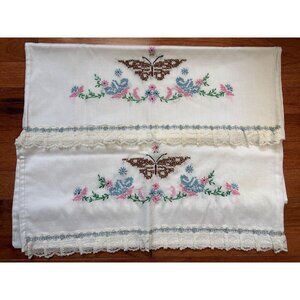 Hand Embroidered Butterfly & Floral Cotton Pillowcase Set Lace Trim